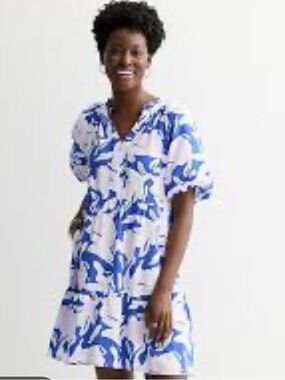 Blue & White Floral Maxi Dress with Puff Sleeves